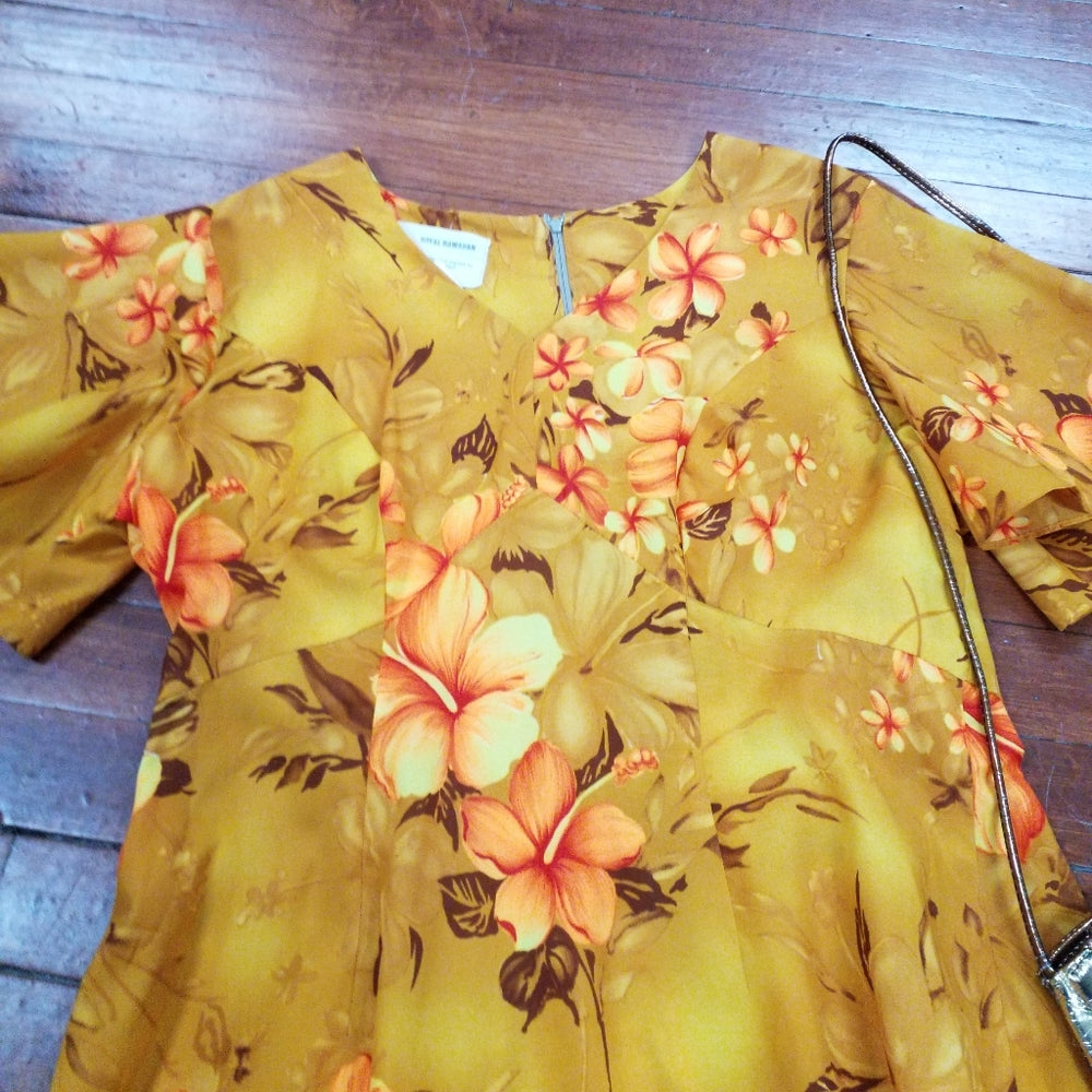 Large Royal Hawaiian Dress Mustard Hawaiian Print
