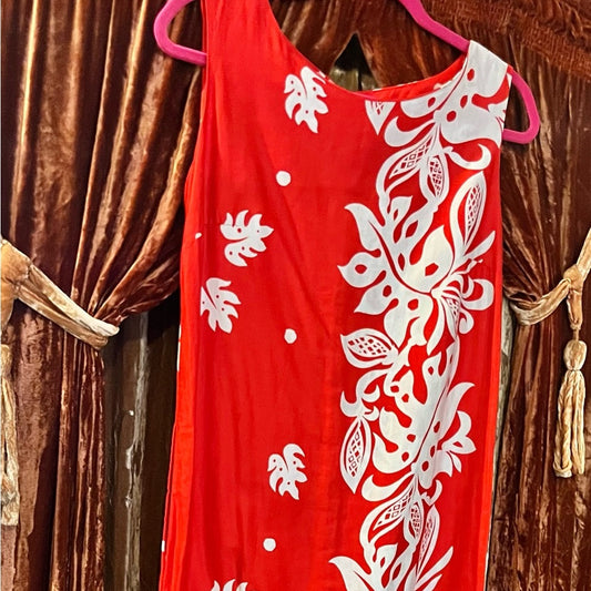 Large Red Cotton Tiki Maxi Dress 70’s Vintage Dress