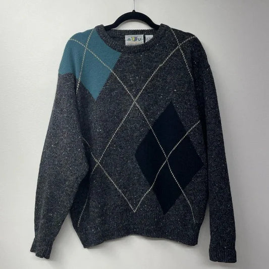 Vintage Sweater Argyle Print Academia 80s 90s Wool Blend Size Large XL